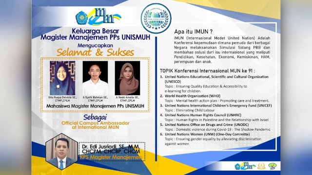 Tiga Mahasiswa Pascasarjana Unimsuh yang dinobatkan jadi Official Campus Ambassador at IMUN.