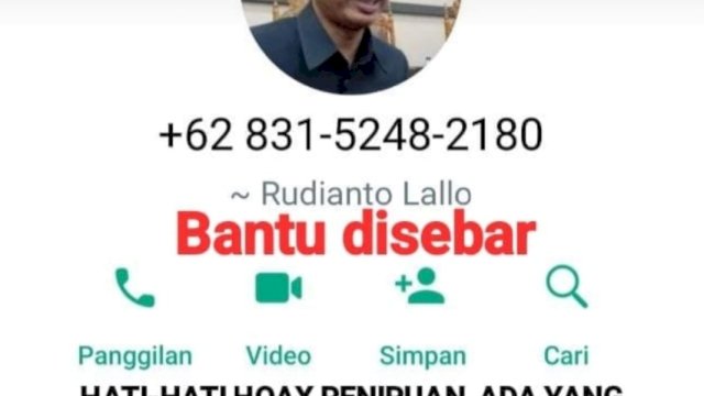 Aksi penipuan via WhatsApp mengatasnamakan Ketua DPRD Kota Makassar Rudianto Lallo.