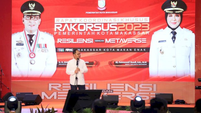 Wali Kota Makassar Danny Pomanto dalam Rakorsus 2023 mengangkat tema "Resiliensi dengan Metaverse" di Hotel Four points by sheraton Makasar.