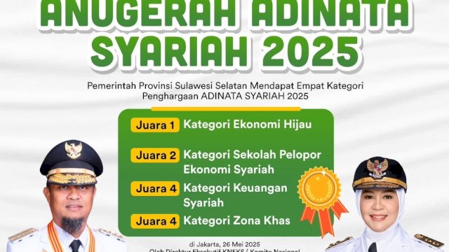 Pemprov Sulsel Borong Empat Penghargaan Adinata Syariah Tahun 2025