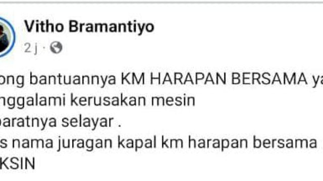 KM Harapan Bersama Alami Kerusakan Mesin di Perairan Barat Selayar, Timsar Diminta Turun Tangan