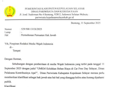 Hak Jawab Dinas Pariwisata Selayar Terkait Pemberitaan &ldquo;UMKM Keluhkan Beban Biaya di Car Free Day Selayar, Dinas Pelaksana Kontribusinya Apa?&rdquo;