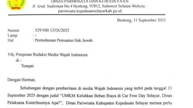 Hak Jawab Dinas Pariwisata Selayar Terkait Pemberitaan &ldquo;UMKM Keluhkan Beban Biaya di Car Free Day Selayar, Dinas Pelaksana Kontribusinya Apa?&rdquo;